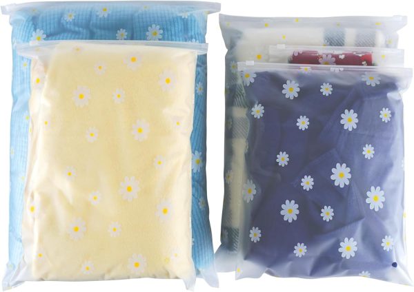 50Pcs Clear Bags Resealable Bags Waterproof Plastic Zipper Bags Luggage Organiser Pouch Space Saver Storage for Clothes School Trip (PRINTFLOWER-5SIZE)