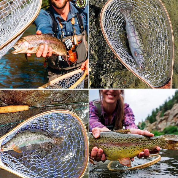 Fly Fishing Net, Trout Net, Wooden Frame Fly Fishing Landing Net with Soft Rubber Mesh for Catch and Release, Lightweight Fish Net for Trout Bass, Fly Fishing Gear for Stream Fishing - Image 4