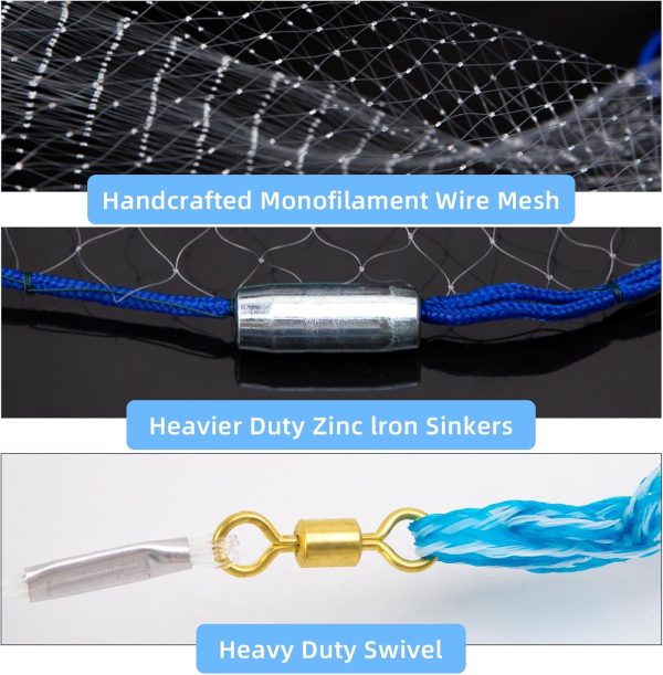 Handmade American Cast Net, BalanZze Casting Fishing Net for Bait Trap Fish, Throw Nets with Zinc Sinker Weights for Freshwater & Salt Water (3/4/5/6/8/9/10 Ft, 1/2 Inch Mesh Size) - Image 2