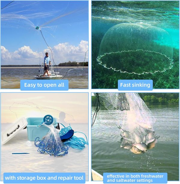 Handmade American Cast Net, BalanZze Casting Fishing Net for Bait Trap Fish, Throw Nets with Zinc Sinker Weights for Freshwater & Salt Water (3/4/5/6/8/9/10 Ft, 1/2 Inch Mesh Size) - Image 5