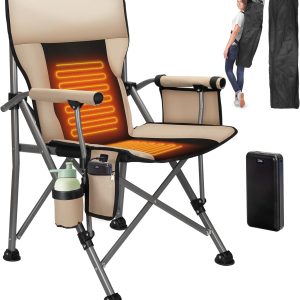 QUYUAN Heated Camping Chair with 20,000 mAh Battery, Fully Padded Heated Camp Chairs, Loog-Lasting for 500 Mins, Heavy Duty Folding Chairs Supports 500 lbs for Camping, Outdoor Sports, Picnics, Beach