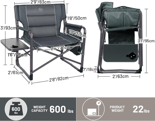 TIMBER RIDGE XXL Upgraded Oversized Directors Chairs with Foldable Side Table, Detachable Side Pocket, Heavy Duty Folding Camping Chair up to 600 Lbs Weight Capacity (Gray) Ideal Gift - Image 3