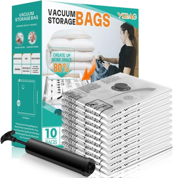 Vacuum Seal Bags for Clothing - Jumbo Vacuum Storage Bags with Hand Pump, Space Saver Organisers for Travel Luggage Clothes Blankets Comforters (10 Jumbo)